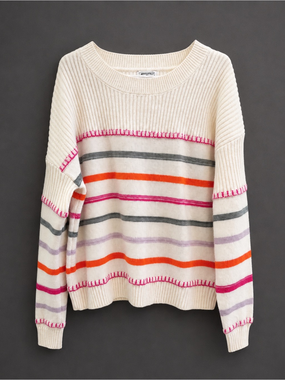Absolutely Creative Women’s Striped Knit Sweater Cream Pink Orange Gray Pullover